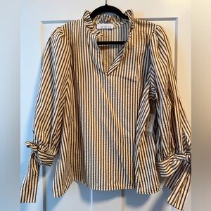 Striped Tie-Sleeve Blouse - Brown & White